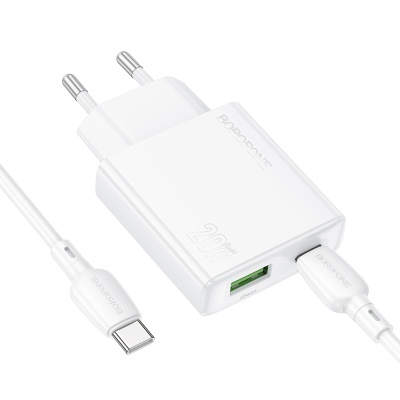 Сетевое зарядное устройство BOROFONE BN24 Wish 1xUSB + 1xUSB-C с Кабелем Type-C - Type-C, 3A, 20W, белый
