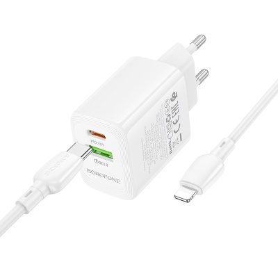 Сетевое зарядное устройство BOROFONE BN27 Fuente 1xUSB + 1xUSB-C с Кабелем Type-C - Lightning, 3A, 20W, белый