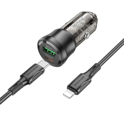 Автомобильное зарядное устройство BOROFONE BZ25 Journey, 1xUSB + 1xUSB-C с Кабелем Type-C - Lightning, 38W, прозрачный черный