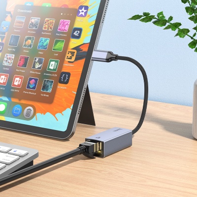 Переходник/Адаптер HOCO UA37 Type-C (m) - RJ45 (f), 12 см, серый металлик