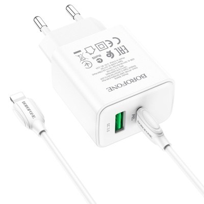 Сетевое зарядное устройство BOROFONE BA67A 1xUSB + 1xUSB-C с Кабелем Type-C - Lightning, 20W, белый