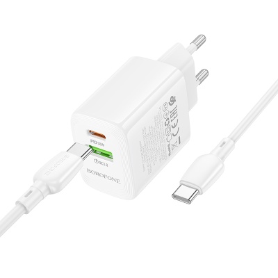 Сетевое зарядное устройство BOROFONE BN29 Fuente 1xUSB + 1xUSB-C с Кабелем Type-C - Type-C, 3A, 30W, белый