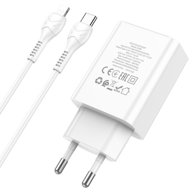 Сетевое зарядное устройство HOCO C100A 1xUSB + 1xUSB-C с Кабелем Type-C - Lightning, 3.0A, 20W, белый