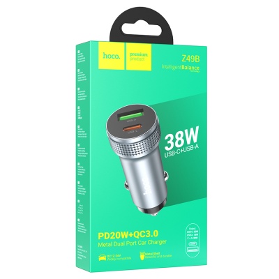 Автомобильное зарядное устройство HOCO Z49B Level, 1xUSB + 1xUSB-C, 38W, серый металлик