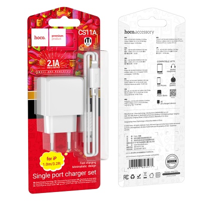Сетевое зарядное устройство HOCO CS11A Ocean 1xUSB с Кабелем USB - Lightning, 2.1A, белый