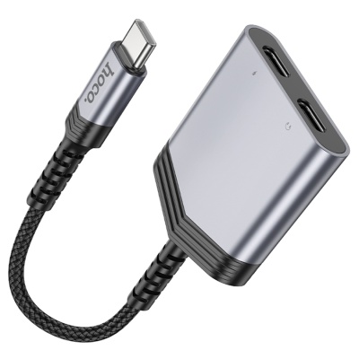 Переходник/Адаптер HOCO LS40 Type-C (m) - Dual Type-C (f), 8 см, серый металлик