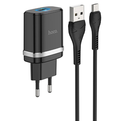 Сетевое зарядное устройство HOCO C12Q Smart 1xUSB с Кабелем USB - Micro, 3A, 18W, черный