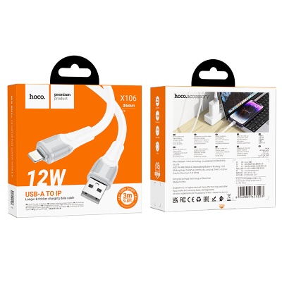 Кабель USB HOCO X106 Big bull USB - Lightning, 2.4А, 12W, 3 м, белый
