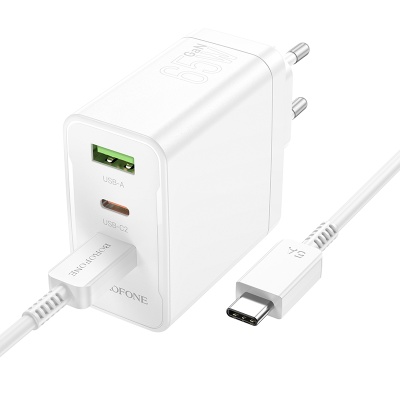 Сетевое зарядное устройство BOROFONE BN12 Manager 1xUSB + 2xUSB-C с Кабелем Type-C - Type-C, 65W, белый