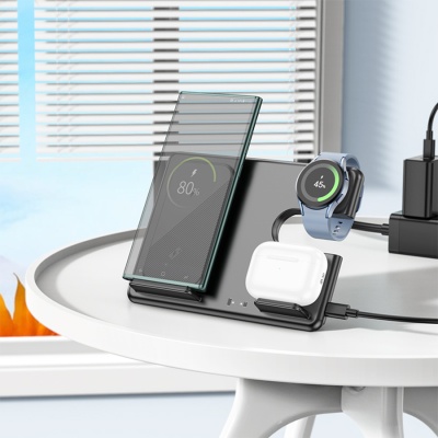 Беспроводное зарядное устройство HOCO CQ2 Flash folding 3-in-1 для iPhone+Airpods+Samsung Watch, 3A, 15W, черный