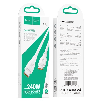 Кабель USB-C HOCO X93 Force Type-C - Type-C, 5A, 240W, 2 м, белый