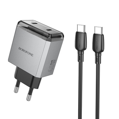 Сетевое зарядное устройство BOROFONE BN21 Lena 2xUSB-C с Кабелем Type-C - Type-C, 40W, серый металлик