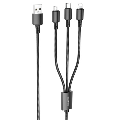 Кабель USB BOROFONE BX72 3 в 1 USB - Type-C + Lightning + MicroUSB, 2А, 1 м, черный