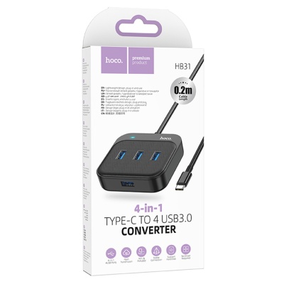 USB HUB разветвитель HOCO HB31 Easy 4 в 1 Type-C (m) - 4xUSB3.0 (f), 20 см, черный
