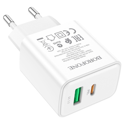 Сетевое зарядное устройство BOROFONE BA67A 1xUSB + 1xUSB-C с Кабелем Type-C - Lightning, 20W, белый