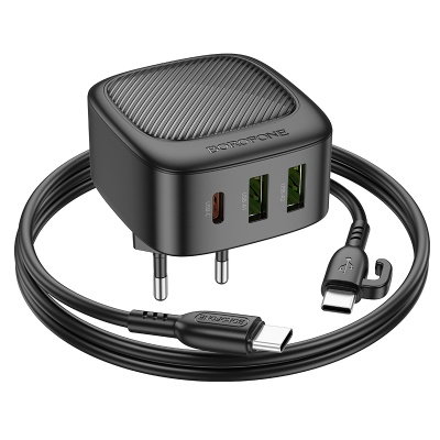 Сетевое зарядное устройство BOROFONE BAS23A Lucky 1xUSB + 2xUSB-C с Кабелем Type-C - Type-C, 3A, 30W, черный