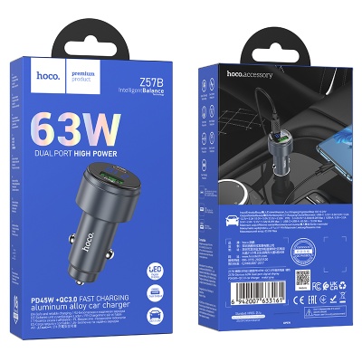Автомобильное зарядное устройство HOCO Z57B Glorious, 1xUSB + 1xUSB-C, 63W, серый металлик