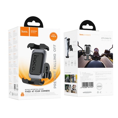 Держатель телефона для мотоцикла/велосипеда HOCO H82 Vista, зажимной, на руль, черный+серый металлик