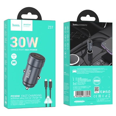 Автомобильное зарядное устройство HOCO Z57 Glorious, 1xUSB-C с Кабелем Type-C - Lightning, 30W, серый металлик