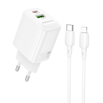 Сетевое зарядное устройство BOROFONE BN29 Fuente 1xUSB + 1xUSB-C с Кабелем Type-C - Lightning, 3A, 30W, белый