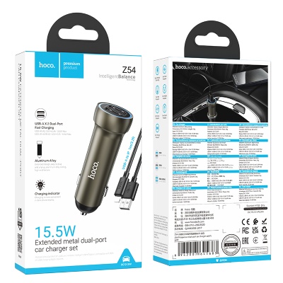 Автомобильное зарядное устройство HOCO Z54 Prosperous, 2xUSB с Кабелем USB - Lightning, 3.1A, 15.5W, золотой