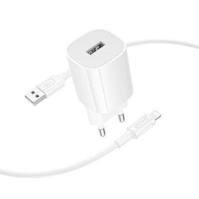 Сетевое зарядное устройство BOROFONE BA101A Pudding 1xUSB с Кабелем USB - Lightning, 2.1A, белый
