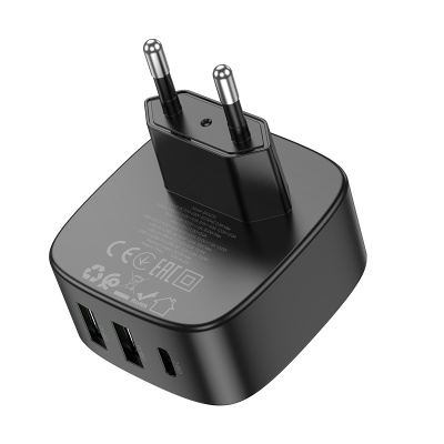 Сетевое зарядное устройство BOROFONE BAS23A Lucky 1xUSB + 2xUSB-C, 3A, 30W, черный