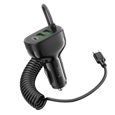 Автомобильное зарядное устройство HOCO NZ11A Guide, 1xUSB + 2xUSB-C с Кабелем Type-C, 3A, 30W, черный