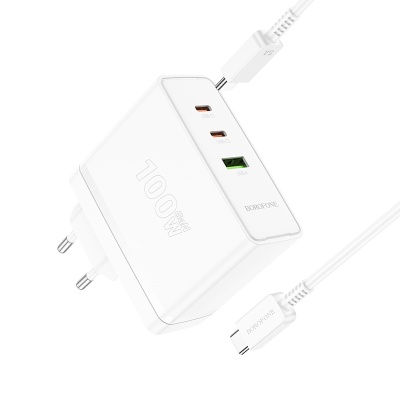 Сетевое зарядное устройство BOROFONE BN11 Imperial 1xUSB + 2xUSB-C с Кабелем Type-C - Type-C, 100W, белый