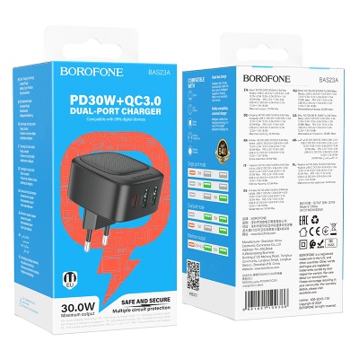 Сетевое зарядное устройство BOROFONE BAS23A Lucky 1xUSB + 2xUSB-C, 3A, 30W, черный