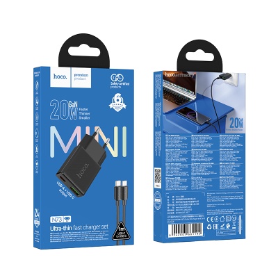 Сетевое зарядное устройство HOCO N73 Speed 1xUSB + 1xUSB-C с Кабелем Type-C - Type-C, 3A, 20W, черный