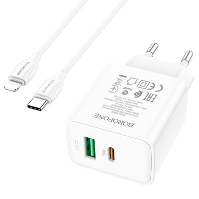 Сетевое зарядное устройство BOROFONE BA67A 1xUSB + 1xUSB-C с Кабелем Type-C - Lightning, 20W, белый