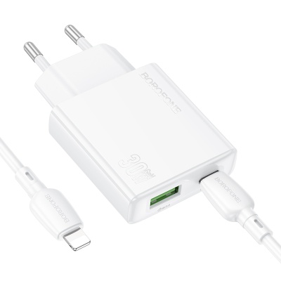 Сетевое зарядное устройство BOROFONE BN25 Wish 1xUSB + 1xUSB-C с Кабелем Type-C - Lightning, 3A, 30W, белый