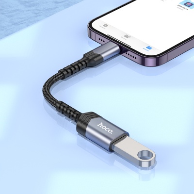 Переходник/Адаптер HOCO UA24 Lightning (m) - USB (f), 16.5 см, серый металлик