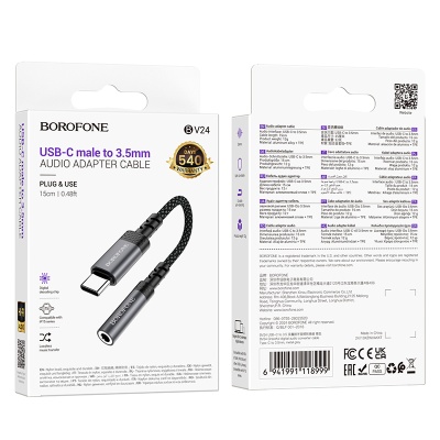 Переходник/Адаптер BOROFONE BV24 Graceful Type-C (m) - Jack 3,5 (f), 15 см, серый металлик