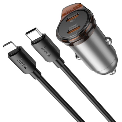 Автомобильное зарядное устройство HOCO NZ16B Rigorous, 2xUSB-C с Кабелем Type-C - Lightning, 45W, серый металлик