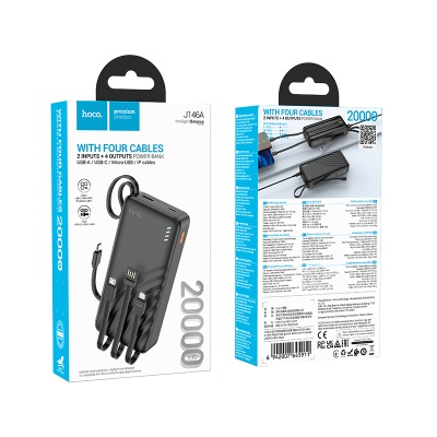 Портативный аккумулятор HOCO J146B Night, встроенный кабель Lightning + Type-C + MircoUSB, 30000 мА⋅ч, черный