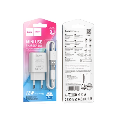Сетевое зарядное устройство HOCO C134A Solid 1xUSB с Кабелем USB - Type-C, 2.4A, белый