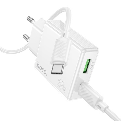 Сетевое зарядное устройство HOCO C142A Direct 1xUSB + 1xUSB-C с Кабелем Type-C - Type-C, 3A, 20W, белый