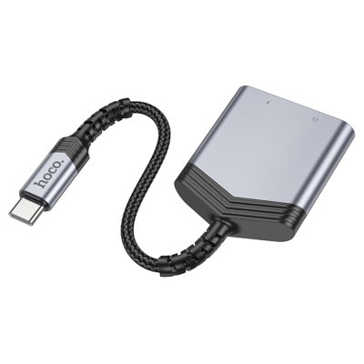 Переходник/Адаптер HOCO LS40 Type-C (m) - Dual Type-C (f), 8 см, серый металлик