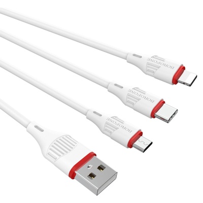 Кабель USB BOROFONE BX17 Enjoy 3 в 1 USB - Type-C + Lightning + MicroUSB, 2.4А, 1 м, белый