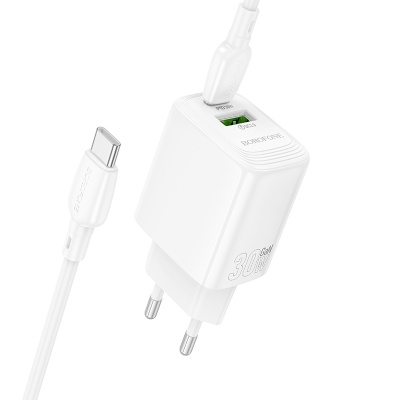 Сетевое зарядное устройство BOROFONE BN29 Fuente 1xUSB + 1xUSB-C с Кабелем Type-C - Type-C, 3A, 30W, белый