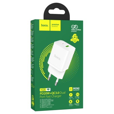 Сетевое зарядное устройство HOCO N28 Founder 1xUSB + 1xUSB-C, 20W, белый