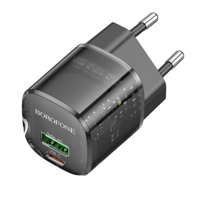 Сетевое зарядное устройство BOROFONE BN17 Sunlight 1xUSB + 1xUSB-C, 3A, 20W, прозрачный черный