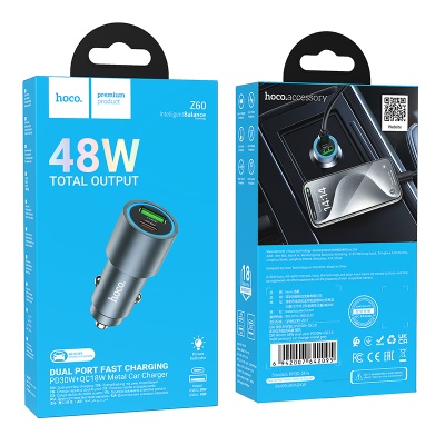 Автомобильное зарядное устройство HOCO Z60 Bloom, 1xUSB + 1xUSB-C, 48W, серый металлик