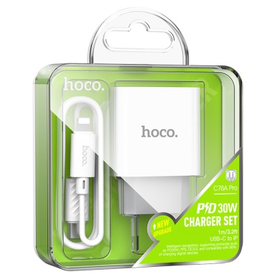 Сетевое зарядное устройство HOCO C76A Pro Majestic 1xUSB-C с Кабелем Type-C - Lightning, 30W, белый