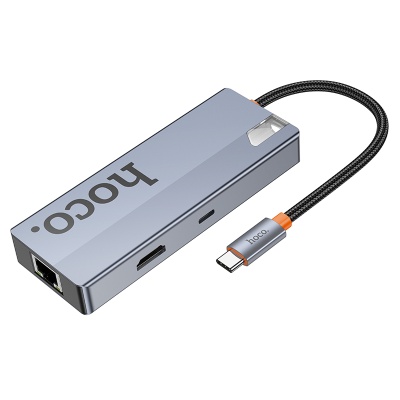 Переходник/Адаптер HOCO HB51 Wow 6 в 1 Type-C (m) - 3xUSB3.0 + Type-C PD + HDMI + RJ45, 19 см, серый металлик