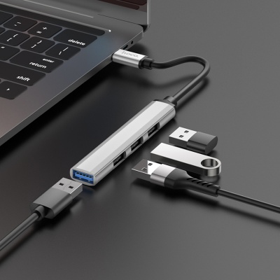 USB HUB разветвитель HOCO HB26 4 в 1 Type-C (m) - USB3.0 (f) + 3xUSB2.0 (f), серебристый