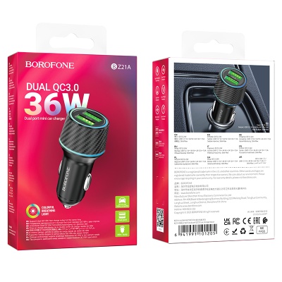 Автомобильное зарядное устройство BOROFONE BZ21A Brilliant, 2xUSB, 36W, черный