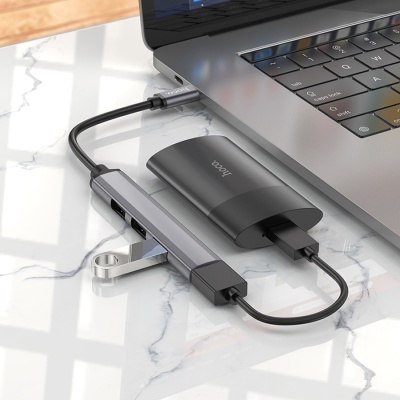 USB HUB разветвитель HOCO HB26 4 в 1 Type-C (m) - USB3.0 (f) + 3xUSB2.0 (f), серебристый